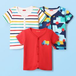 Babyhug 100% Cotton Front Open Half Sleeves Vest With Vehicles Print & Stripes Pack Of 3 - Red Navy Blue & White-11