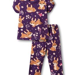 Babyhug Cotton Knit Half Sleeves Co-Ord Night Suit With Bunny & Floral Print - Violet-image-83