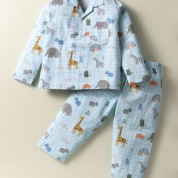 Mini Taurus Looper Knit Front Open Full Sleeves Co-ords Night Suit With Animal Print - Light Blue-image-40