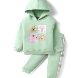 Little Kangaroos Fleece Knit Full Sleeves Winter Wear Hooded Sweatshirt & Lounge Pant Set With Animal Print - Sea Green-image-17