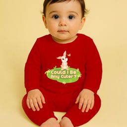 The Peppy Tend 100% Cotton Knit Full Sleeves Could I Be Any Cuter Text & Bunny Printed Romper - Red-image-14