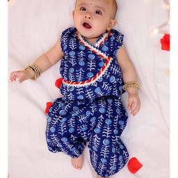 BownBee Pure Cotton Woven Sleeveless Gota Lace Embellished & Floral Printed Top & Harrem Pant Set - Blue-picture-25