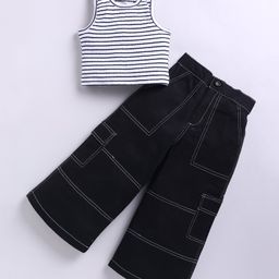 M'andy Cotton Knit Sleeveless Striped Crop Top & Pant Set - Black-image-69