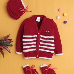 BUMZEE Knit Full Sleeves Cable Knit Design Solid Color Front Open Sweater with Cap & Booties - Maroon-picture-21