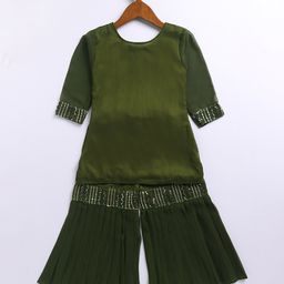 JBN Creation Georgette Three Fourth Sleeves Threadwork Embroidered Sequins & Lace Embellished Kurta Sharara With Dupatta Set - Olive Green image 3