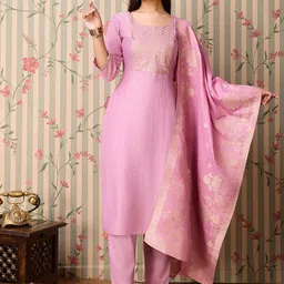 Suha Women Ethnic Motifs Yoke Design Regular Sequinned Kurta with Trousers & With Dupatta-21
