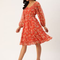 Antheaa Floral Print Puff Sleeve Chiffon A-Line Dress-image-56