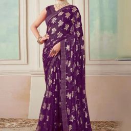 Satrani Purple Floral Print Saree With Unstitched Blouse-image-94
