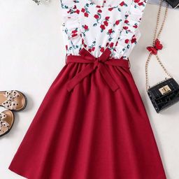YK Girls Floral Printed Flutter Sleeves Belted Detail Fit & Flare Dress-image-98