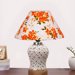 Devansh White Floral Printed Wooden Frustum Shaped Table Lamp With Mosaic Glass Base-10