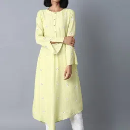 W Yellow Printed High Low Kurta-image-0