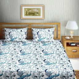 BELLA CASA Genteel Printed White & Blue 180 TC Cotton King Bedsheet with 2 Pillow Covers-image-69