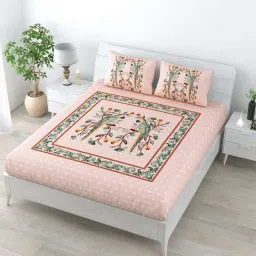 Living Roots Peach & Green Cotton 180 TC Super King Bedsheet with 2 Pillow Covers-image-34