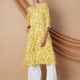 Melange By Lifestyle Mustard Regular Fit Printed Kurtas-picture-3