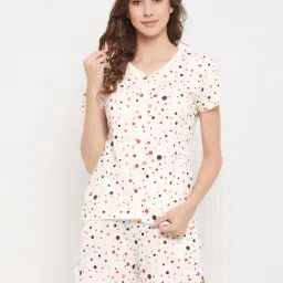 Clovia Off White Printed Cotton Top With Shorts-image-7