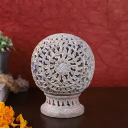 Aapno Rajasthan White Soapstone Floral Design Tealight Holder-34