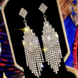 SZN Gold Plated Artificial Stones Studded Contemporary Shaped Drop Earrings-17