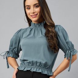plusS Teal Blue Mandarin Collar Blouson Top-image-66