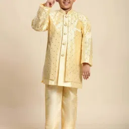 Pro-Ethic Style Developer Boys Yellow Sequence Full Sleeves Self Design Indowestern Sets image 3