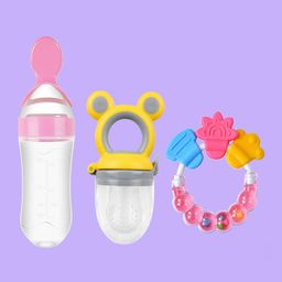Joy Buzz Kids Set Of 3 Food Feeder Bottle Fruit Nibbler & Rattle Teether - Pink-44