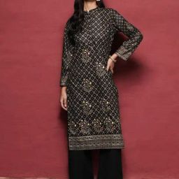 Ahalyaa Black Velvet Regular Fit Printed Kurta-image-55