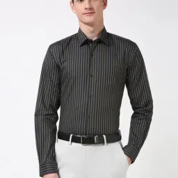 Peter England Grey Cotton Slim Fit Striped Shirt-picture-2