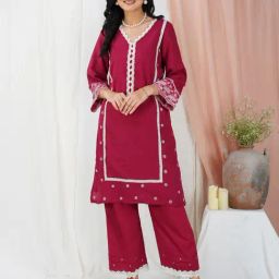 Zuri Red Cotton Regular Fit Embroidered Kurta Set-image-50