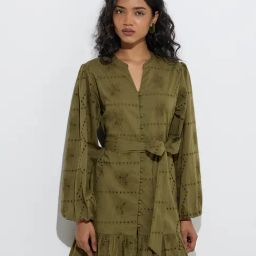 LOV by Westside Olive Schiffli Detailed Cotton Tiered Dress with Belt-image-52