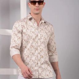 Crimsoune Club Beige Cotton Slim Fit Printed Casual Shirt-image-63