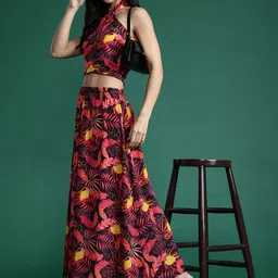 DressBerry Women Tropical Printed Smocked Top with Skirt Co-Ord Set-image-30