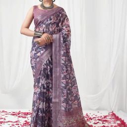 Satrani Purple Floral Print Saree With Unstitched Blouse-image-79