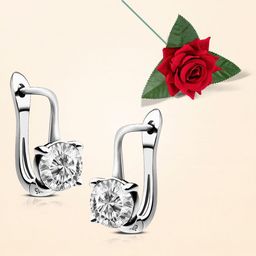 Peora Silver-Plated Cubic Zirconia Studded Contemporary Hoop Earrings With Red Rose-5