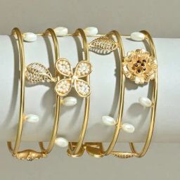 Fida Gold Plated White Floral Leaf Cuffs Bracelet-95