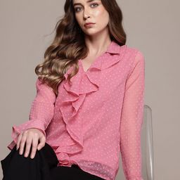 bebe Brighter Basics Dobby Weave Ruffled Detail Bell Sleeves Shirt Style Top-picture-6