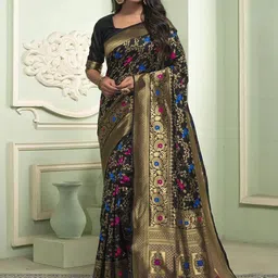 SHOP DROP Women Black Woven Design Zari Pure Silk Banarasi Saree-image-35