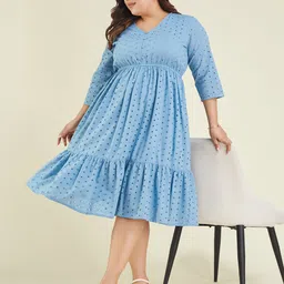 Janasya Women Plus Size Light Blue Pure Cotton Schiffli Fit & Flare Dress-image-88