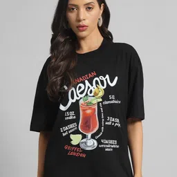 GRIFFEL Women Typography Printed Drop-Shoulder Sleeves Applique T-shirt-image-77