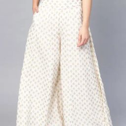 Juniper White Ethnic Motif Printed Rayon Flared Women Palazzo With One Pocket-image-1