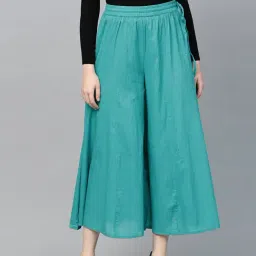 Varanga Teal Green Cotton Mid Rise Palazzos-image-5