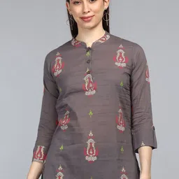 KALINI Floral Print Mandarin Collar Ethnic Cotton Top-image-67