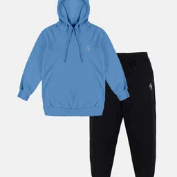 Kiddopanti Fleece Full Sleeves Solid Hooded Sweatshirt & Joggers Track Pant Set - Blue & Black-picture-18