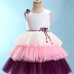 Bluebell Net Sleeveless Frill Detailed & Floral Applique Party Frock - Peach-image-30
