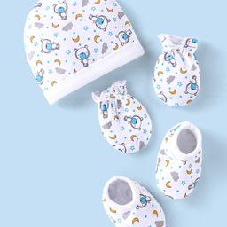 Babyhug 100% Cotton Cap Mittens & Booties Set Teddy Print - White-picture-10