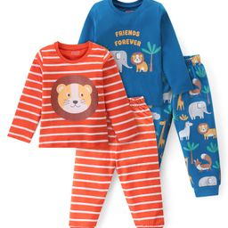 Babyhug Cotton Knit Full Sleeves Night Suit With Stripes & Animal Print Pack Of 2 - Multicolor-image-64