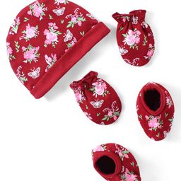Babyhug 100% Cotton Interlock Cap Mittens & Booties Set with Floral Print - Maroon-image-29