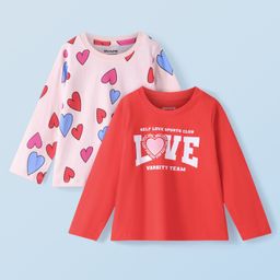 Honeyhap Premium 100% Cotton Knit Full Sleeves Tops with Heart & Text Print Pack of 2 - Pink Dogwood &High Risk Red-image-42
