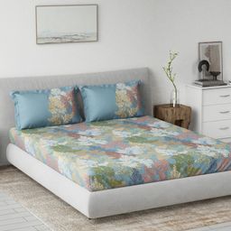 DDecor Blue & White Floral Cotton 145 TC King Fitted Bedsheet With 2 Pillow Covers-picture-19