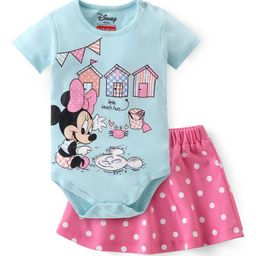 Babyhug Disney Interlock Knit Half Sleeves Onesies & Skirt with Minnie Mouse Graphics & Polka Dot Print  - Blue & Pink-image-85