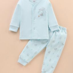 Simply Interlock Knit Full Sleeves Front Open Night Suit with Elephant Print - Light Blue-picture-10