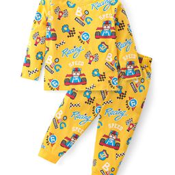 Babyhug Cotton Knit Full Sleeves Night Suit with Car & Bear Print - Yellow-image-97